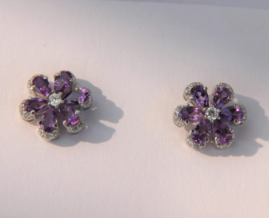 925 Silver Natural Amethyst Floral Stud Earrings - Amrrutam Jewellery