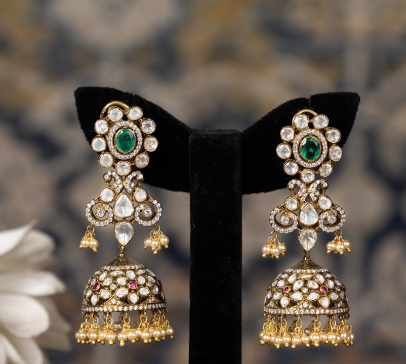 925 Silver Saraswati Polki Jhumka Earring - Amrrutam Jewellery