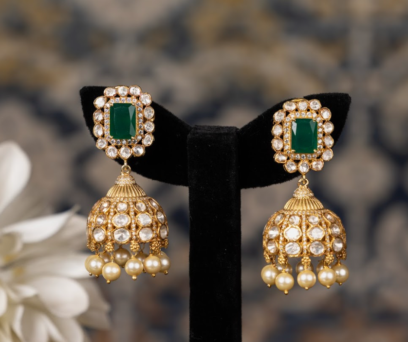 925 Silver Emerald Polki Jhumka Earring - Amrrutam Jewellery