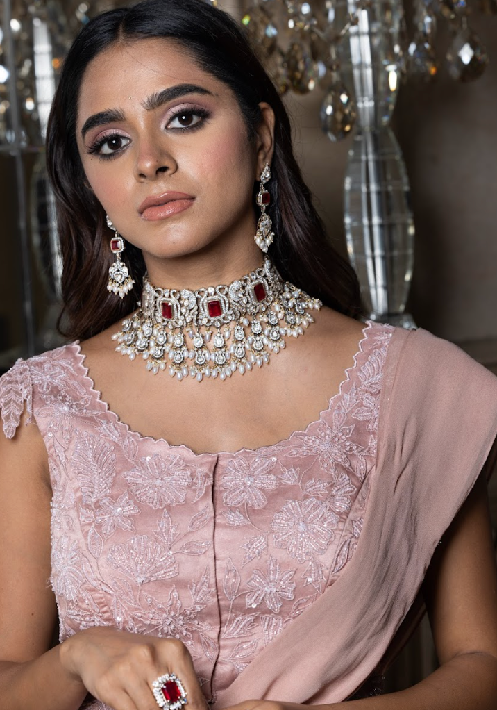925 Silver Jahanvi Victorian Ruby Choker Necklace Set - Amrrutam Jewellery