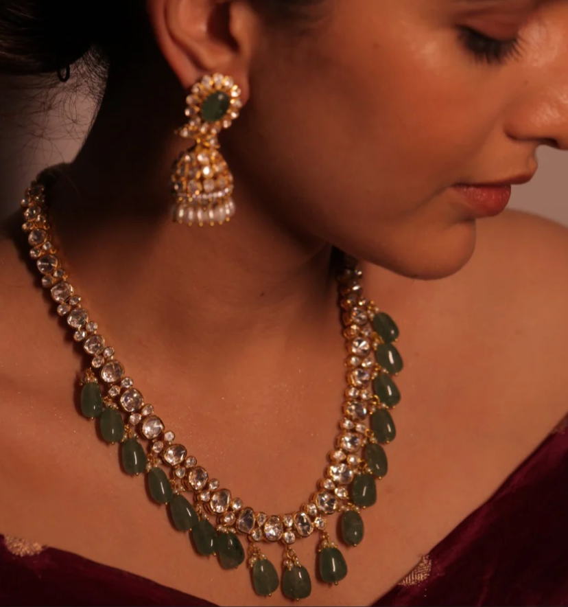 925 Silver Moissanite Polki Necklace With Green Beads - Amrrutam Jewellery