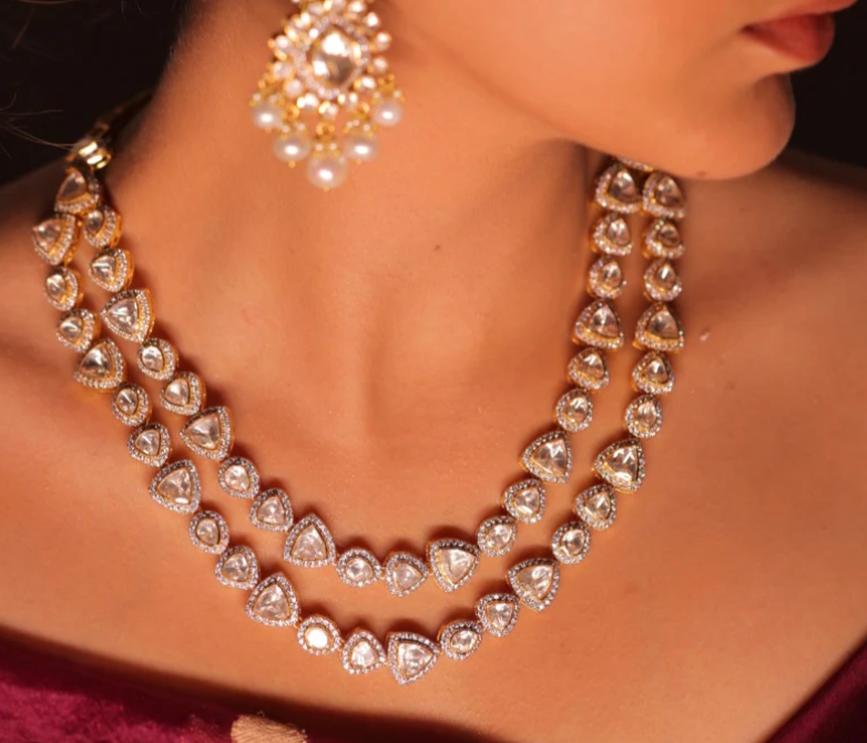 925 Silver Double Line Long Polki Necklace - Amrrutam Jewellery
