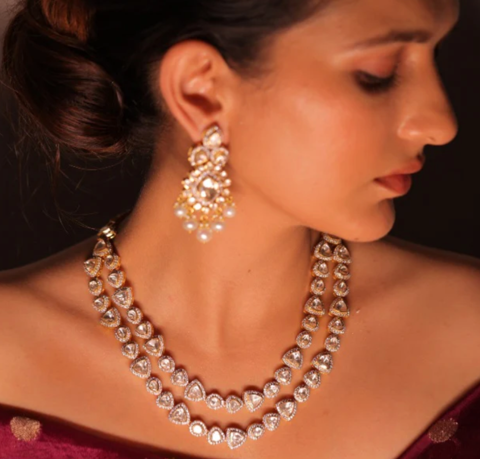 925 Silver Double Line Long Polki Necklace - Amrrutam Jewellery