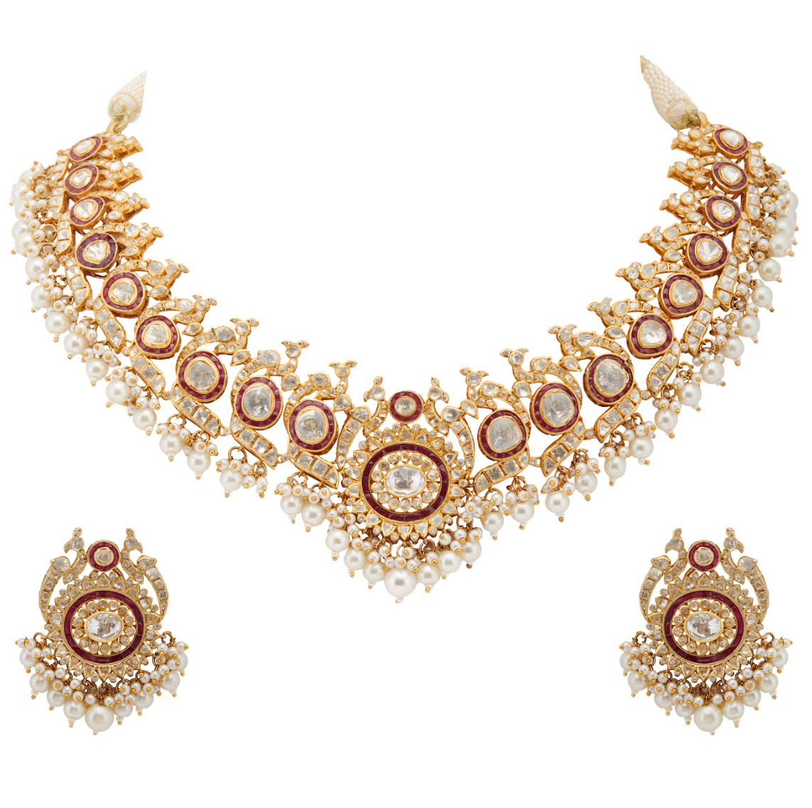 925 Silver Kalindini Polki Peacock Ruby Necklace Set - Amrrutam Jewellery
