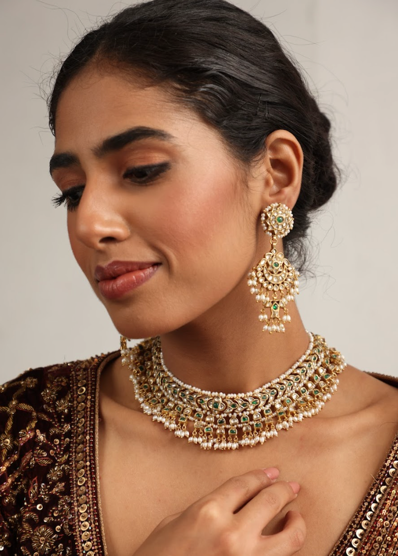 925 Silver Bavara Vaidehi Polki Choker Necklace Set - Amrrutam 