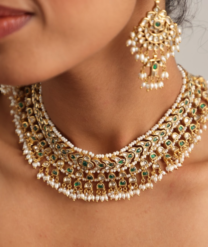 925 Silver Bavara Vaidehi Polki Choker Necklace Set - Amrrutam 