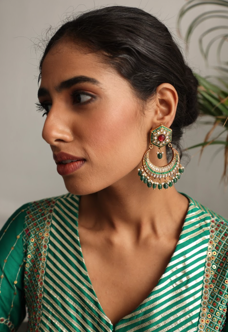 925 Silver Bavara Hecta Emerald Chandbali Earring - Amrrutam 