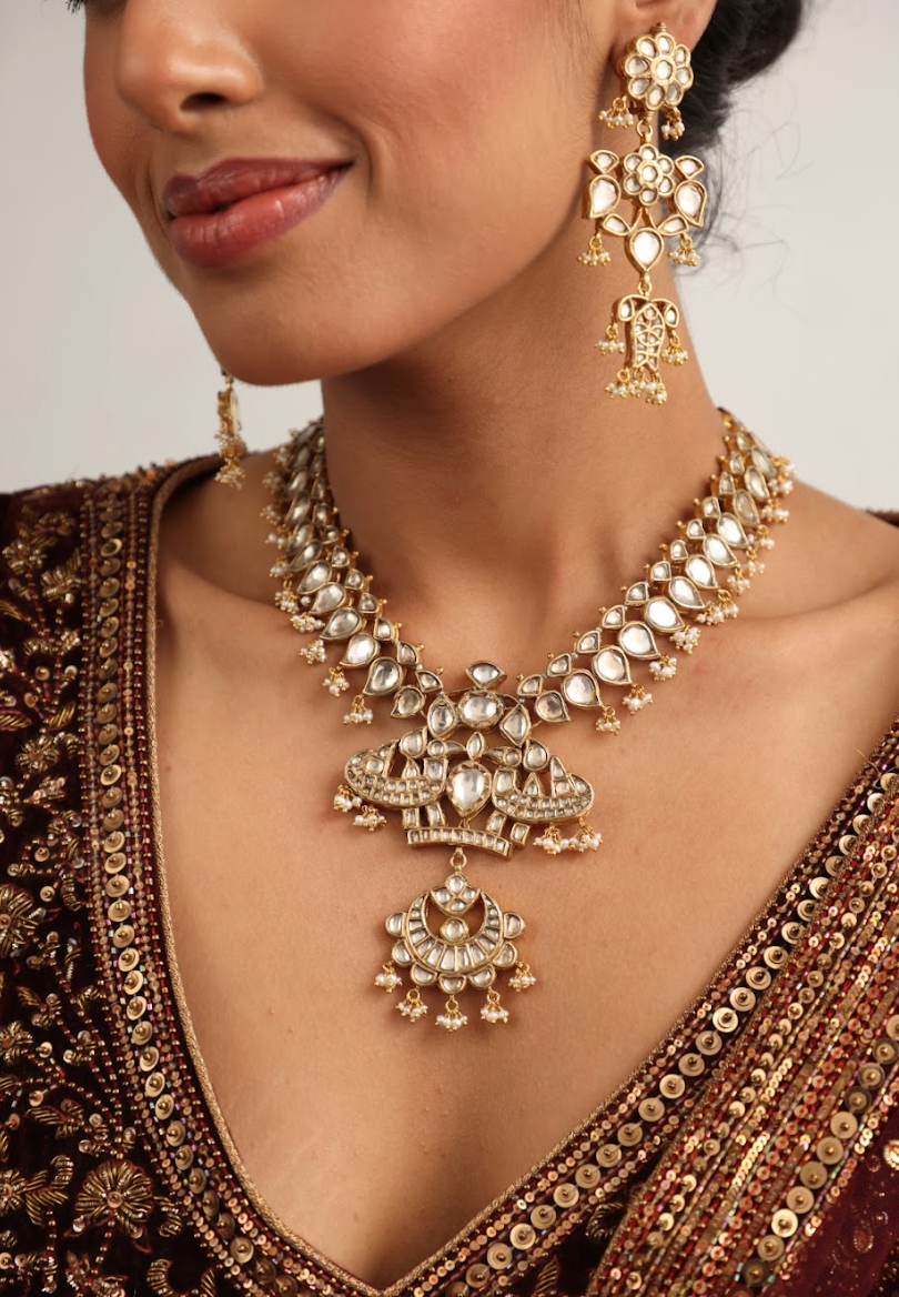 925 Silver Bavara Gazhal Polki Necklace Set - Amrrutam 