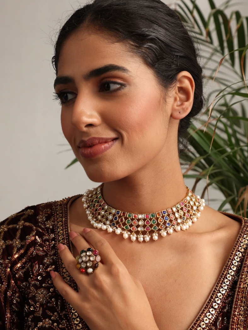 925 Silver Bavara Ziya Navratan Ring - Amrrutam 