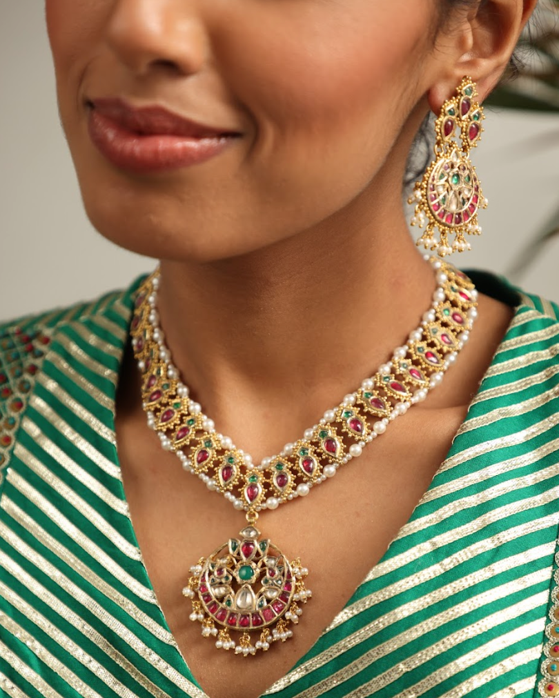 925 Silver Bavara Viranisa Polki Necklace Set - Amrrutam 