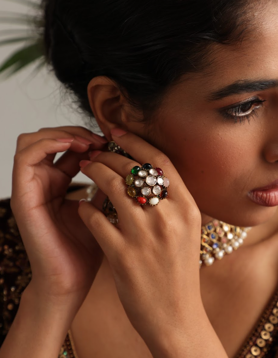 925 Silver Bavara Ziya Navratan Ring - Amrrutam 