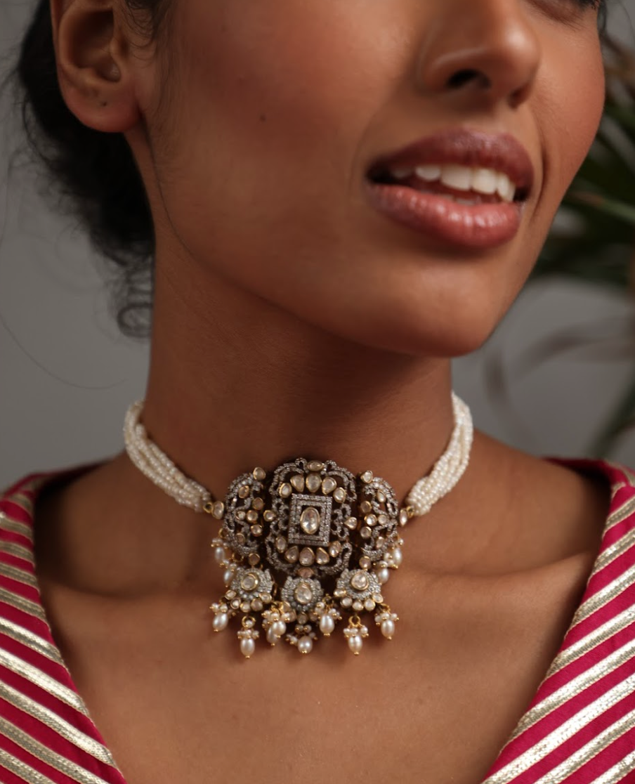 925 Silver Bavara Dual Tone Tarani Choker Necklace - Amrrutam 