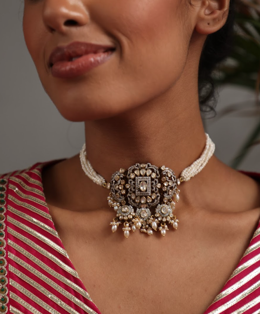 925 Silver Bavara Dual Tone Tarani Choker Necklace - Amrrutam 