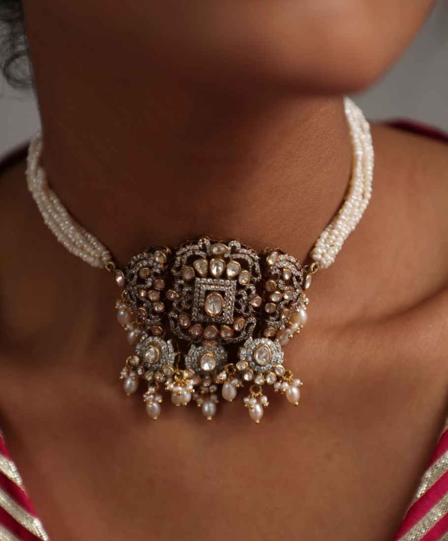 925 Silver Bavara Dual Tone Tarani Choker Necklace - Amrrutam 
