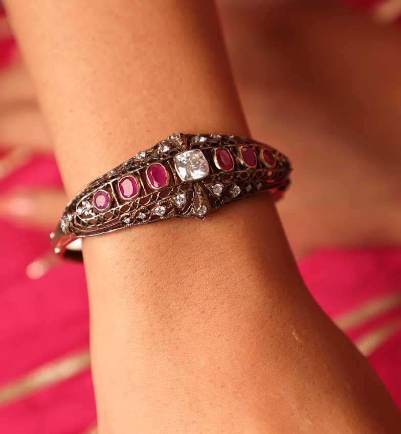 925 Silver Bavara Victorian Ruby Bangle - Amrrutam 