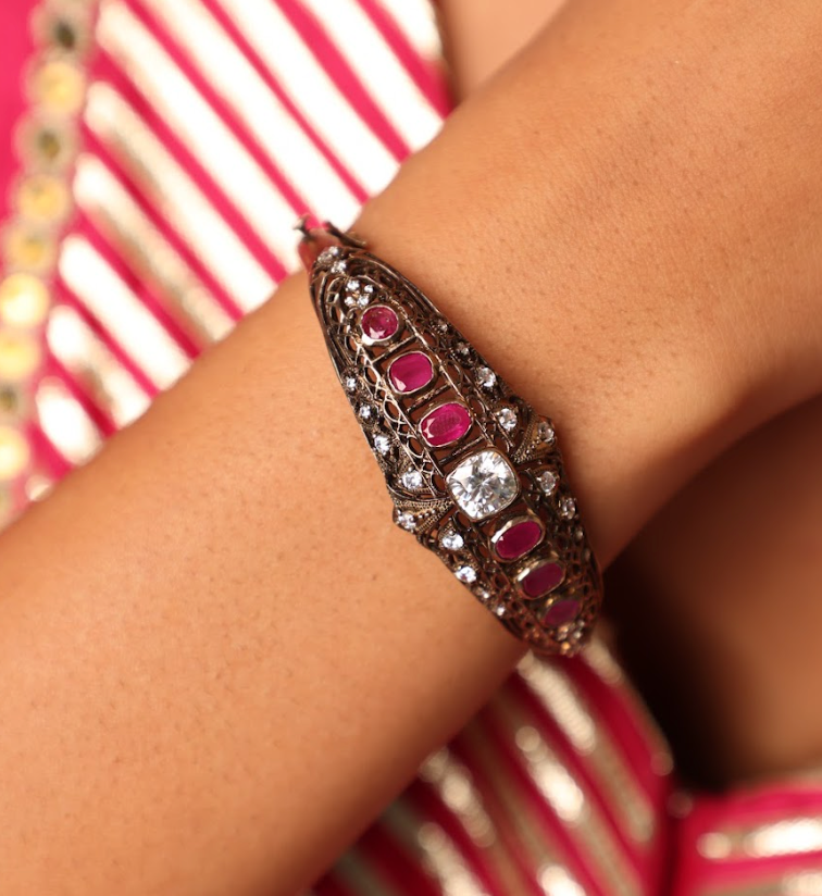 925 Silver Bavara Victorian Ruby Bangle - Amrrutam 