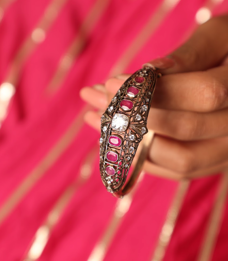 925 Silver Bavara Victorian Ruby Bangle - Amrrutam 