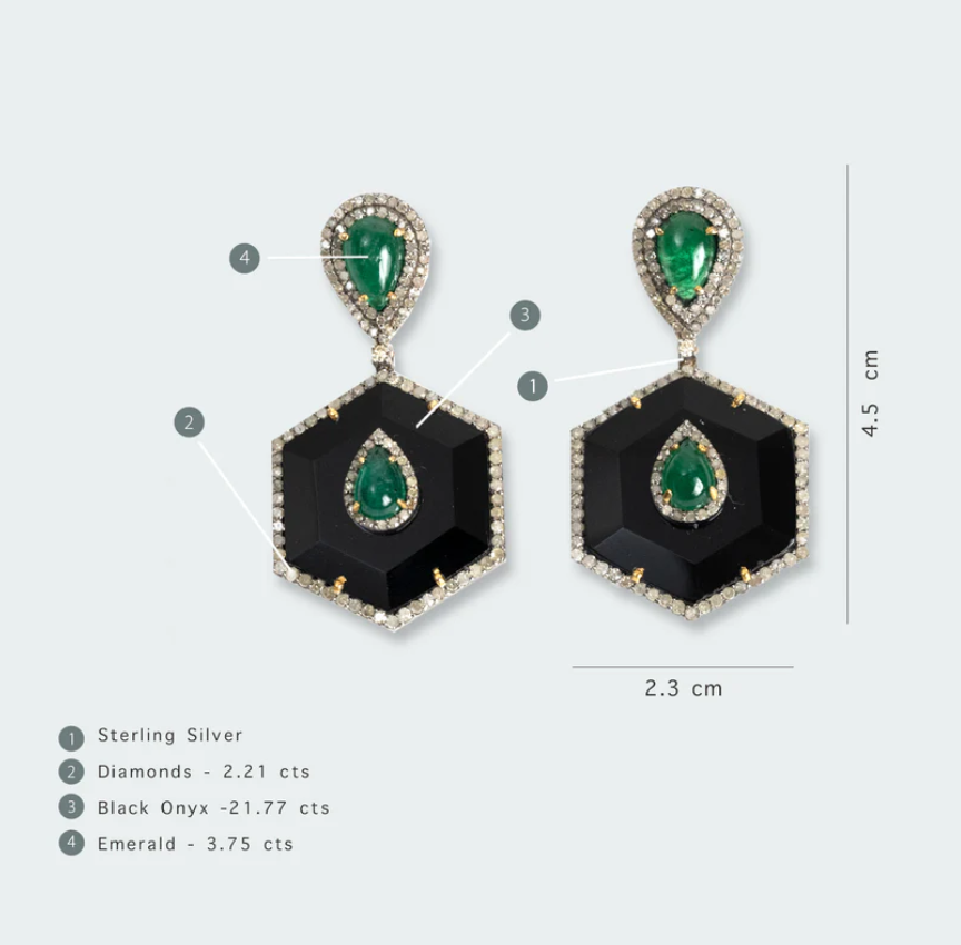 925 Silver Averie  Black Onyx and Emerald Earring - Amrrutam 