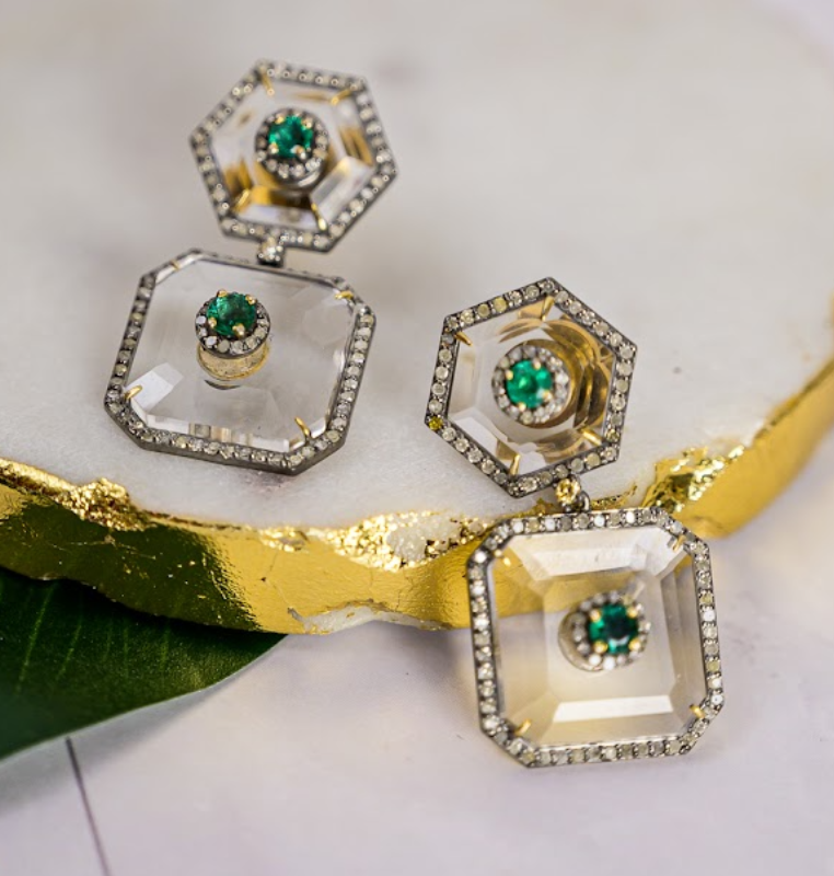 925 Silver Claire Emerald and Crystal Earrings - Amrrutam 