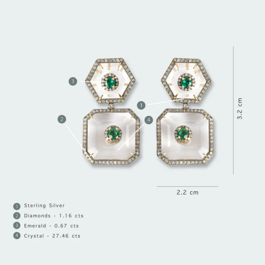 925 Silver Claire Emerald and Crystal Earrings - Amrrutam 
