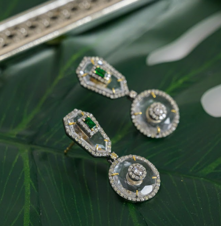 925 Silver Davie Emerald and Crystal Earrings - Amrrutam 