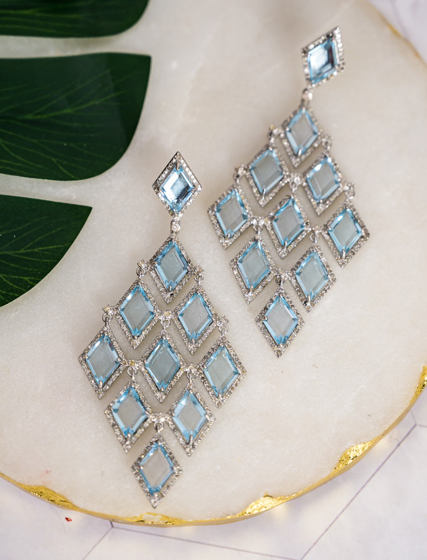 925 Silver Diamante Blue Topaz Waterfall Earrings - Amrrutam 