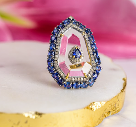 925 Silver Blue Sapphire Crystal Diamond Cocktail Ring - Amrrutam 