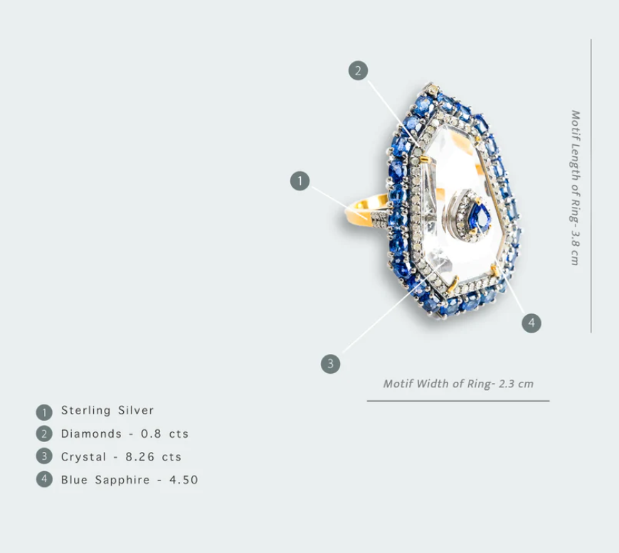 925 Silver Blue Sapphire Crystal Diamond Cocktail Ring - Amrrutam 