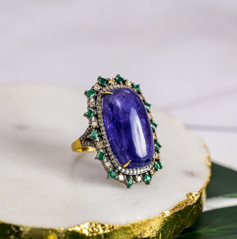 925 Silver Nueva Tanzanite Diamond Cocktail Ring - Amrrutam 