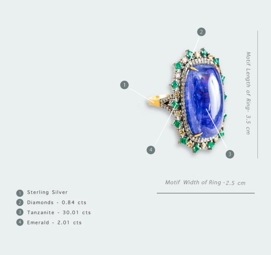 925 Silver Nueva Tanzanite Diamond Cocktail Ring - Amrrutam 