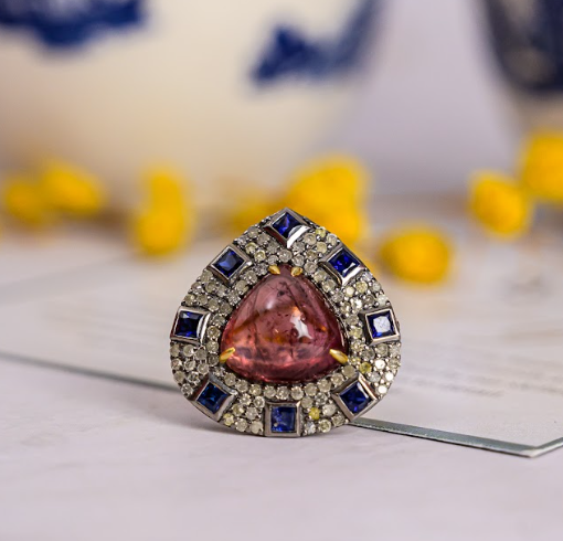 925 Silver Tourmaline and Diamond Drop Ring - Amrrutam 