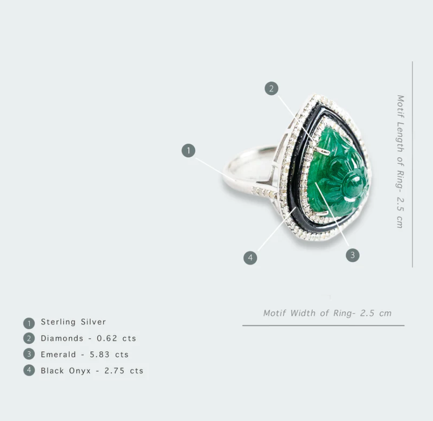 925 Silver Maya Carved Emerald and Diamond Ring - Amrrutam 