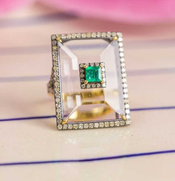 925 Silver Taniya Crystal and Diamond Ring - Amrrutam 