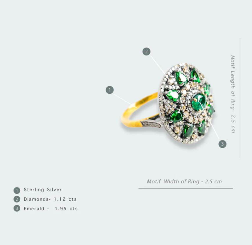 925 Silver Moira Emerald And Diamond Cocktail Ring - Amrrutam 