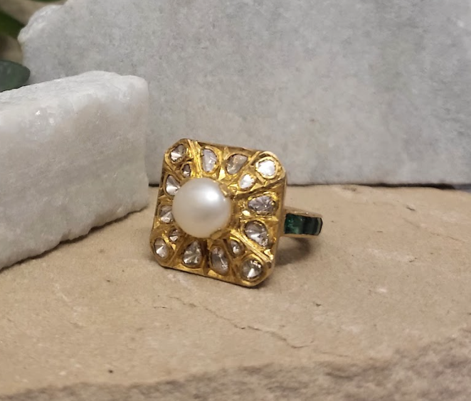 925 Silver Marie Pearl Uncut Diamond Ring - Amrrutam 