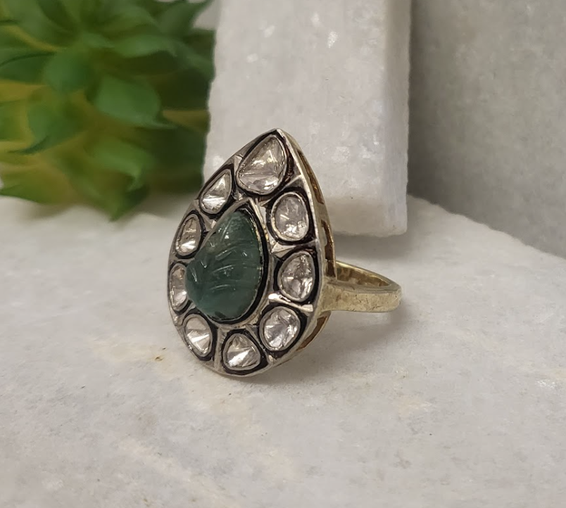 925 Silver Marie Emerald Uncut Diamond Ring - Amrrutam 