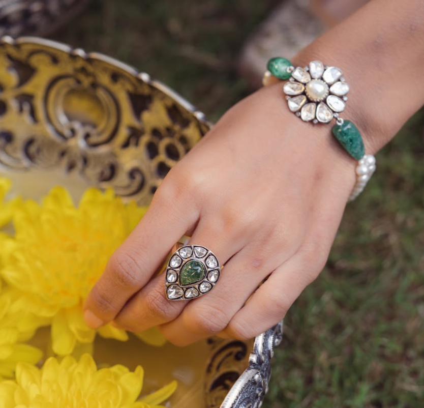 925 Silver Marie Emerald Uncut Diamond Ring - Amrrutam 
