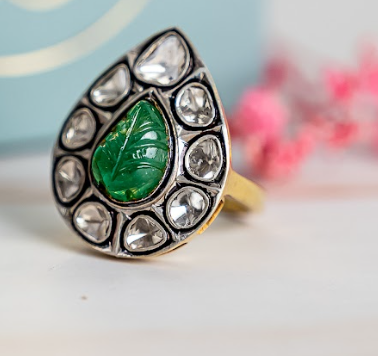 925 Silver Marie Emerald Uncut Diamond Ring - Amrrutam 