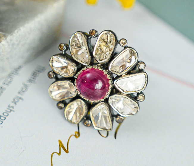 925 Silver Amaira Ruby Uncut Diamond Ring - Amrrutam 