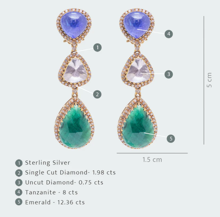 925 Silver Emerald and Tanzanite Uncut Diamond Earring - Amrrutam Jewellery