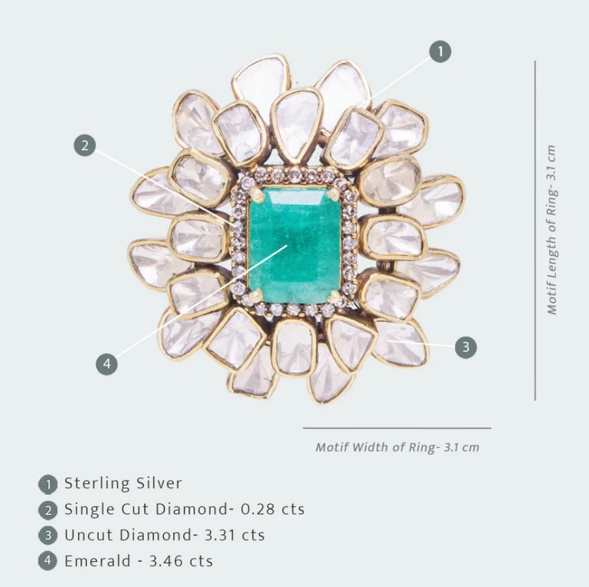 925 Silver Ziya Emerald Uncut Diamond Ring - Amrrutam Jewellery