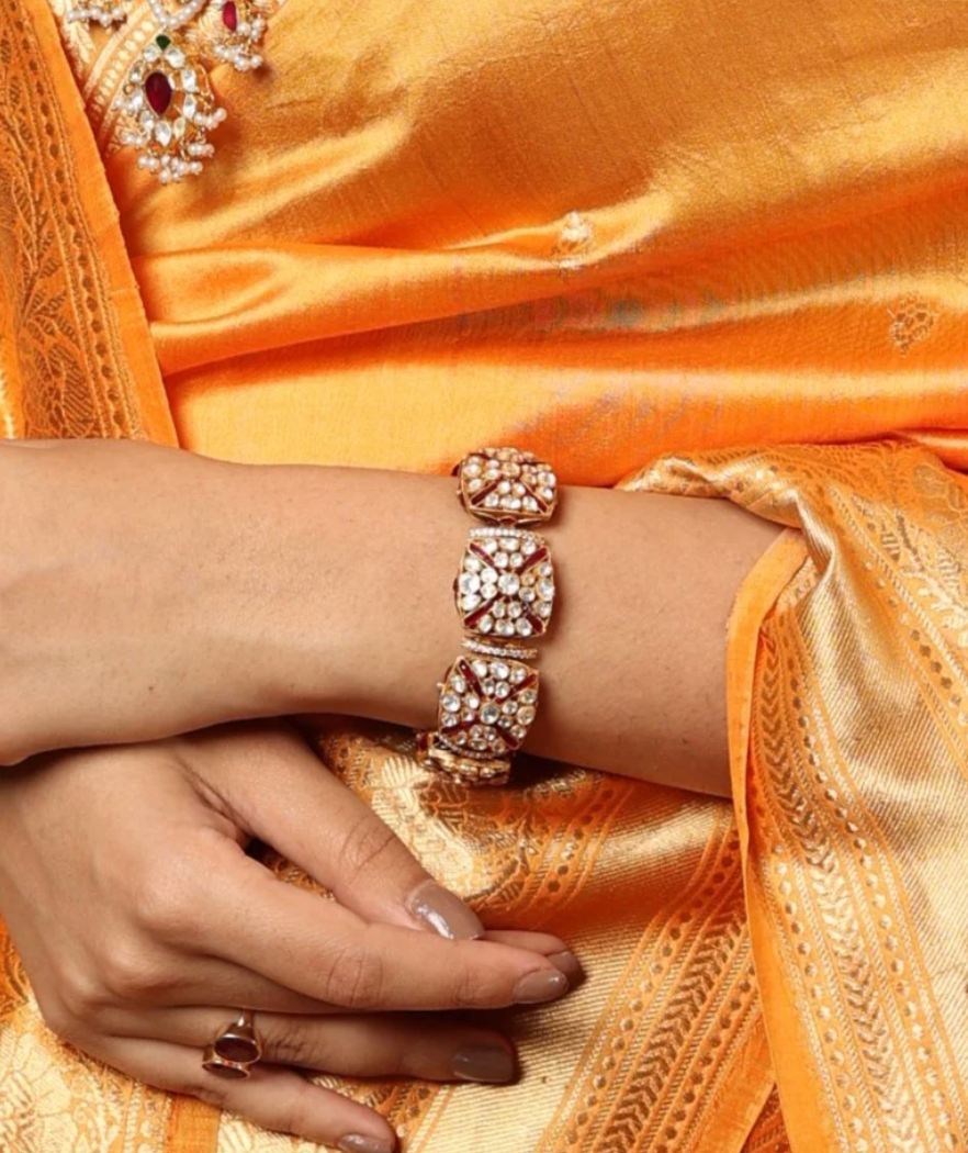 925 Silver Bhumrah Red Utrai Polki Bracelet - Amrrutam Jewellery