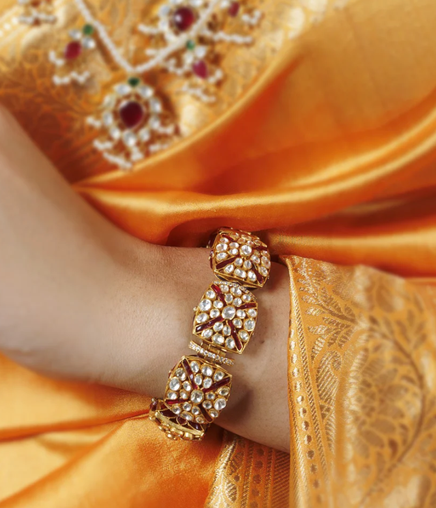 925 Silver Bhumrah Red Utrai Polki Bracelet - Amrrutam Jewellery