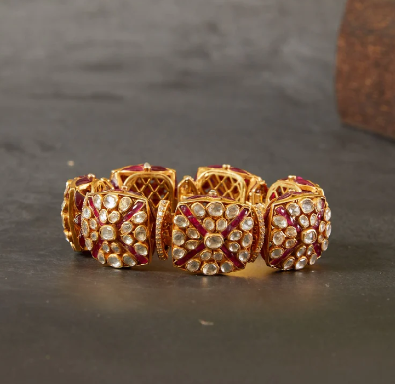 925 Silver Bhumrah Red Utrai Polki Bracelet - Amrrutam Jewellery