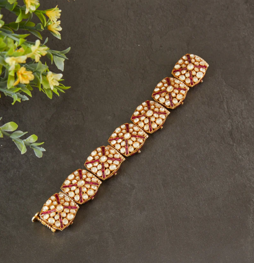 925 Silver Bhumrah Red Utrai Polki Bracelet - Amrrutam Jewellery