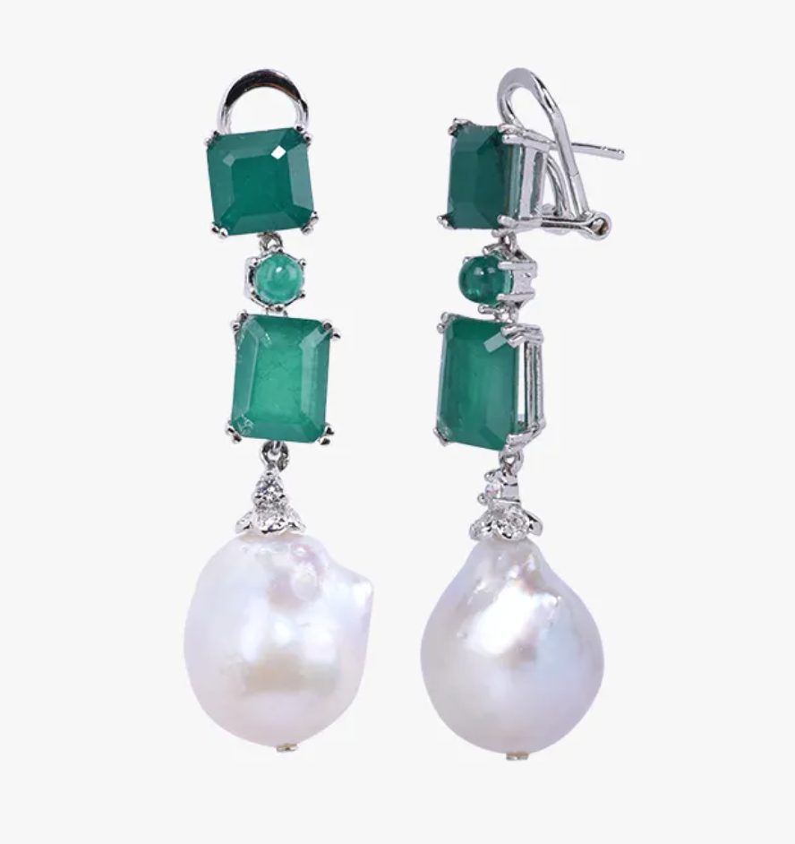 925 Silver Emerald And Baroque Pearl Drop Earring - Amrrutam Jewellery