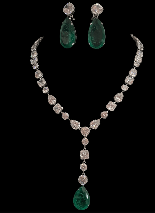 925 Silver Mazel Emerald CZ Necklace Set - Amrrutam Jewellery