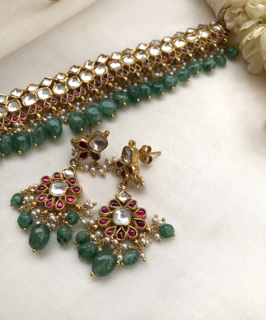 925 Silver Mehr Kundan Ruby Choker Necklace Set - Amrrutam Jewellery
