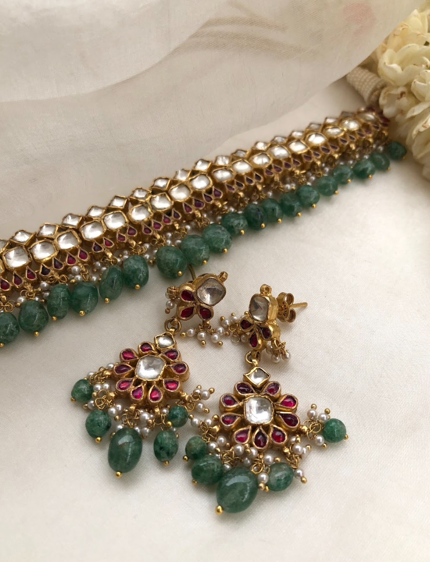 925 Silver Mehr Kundan Ruby Choker Necklace Set - Amrrutam Jewellery