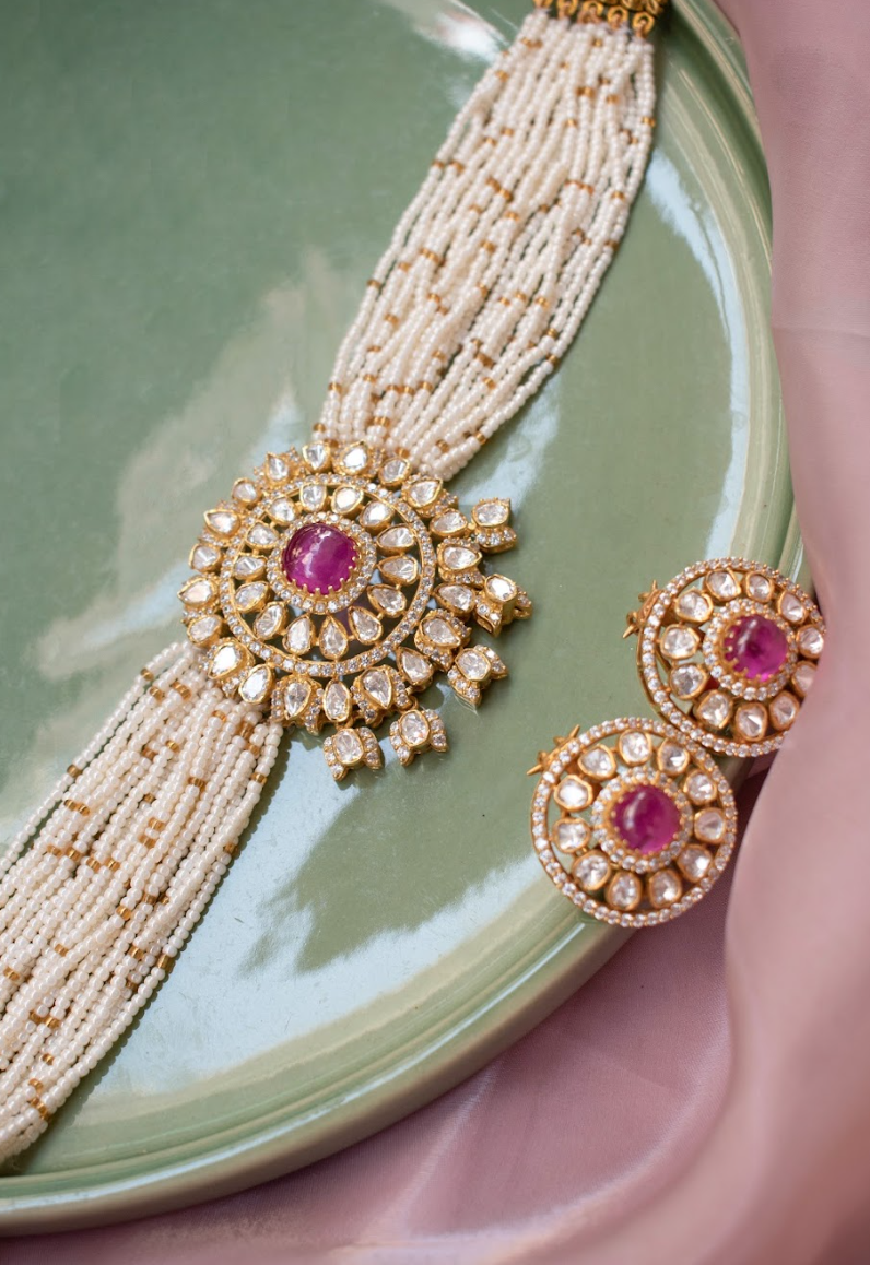 925 Silver Agastya Polki Choker Necklace Set - Amrrutam Jewellery